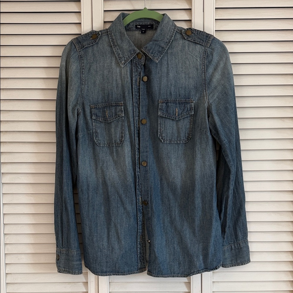 GAP Denim Military Shirt | Brass Snap Buttons | Faded Wash | Size M